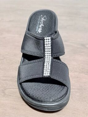 Skechers Slide Sandal with Rhinestone Center Strap - Memory Foam & Arch Support